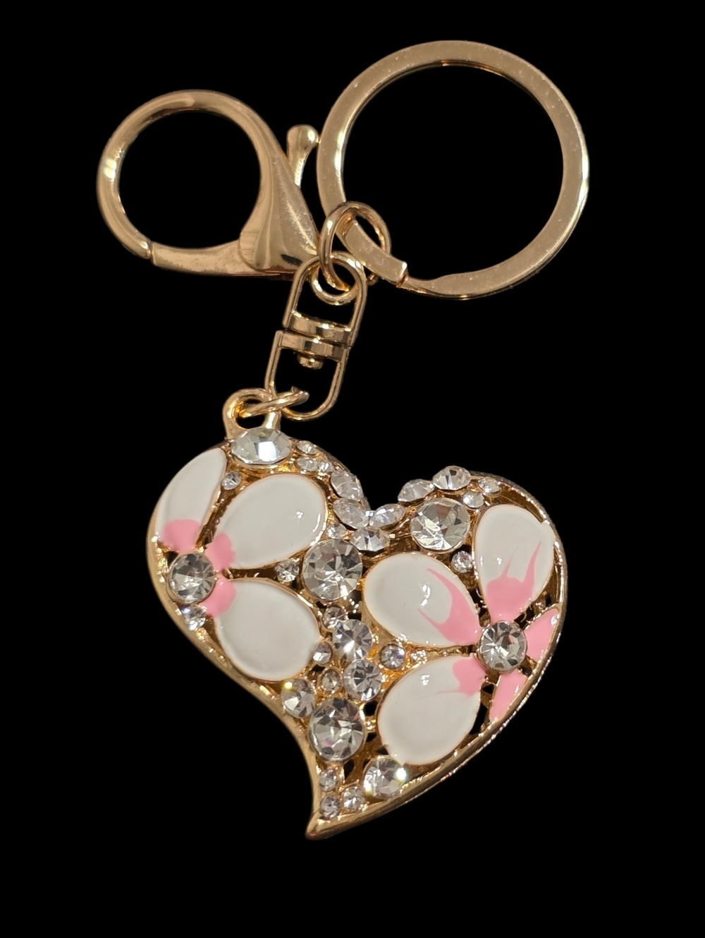 Gold Heart Keychain with Pink and White Flower Accents